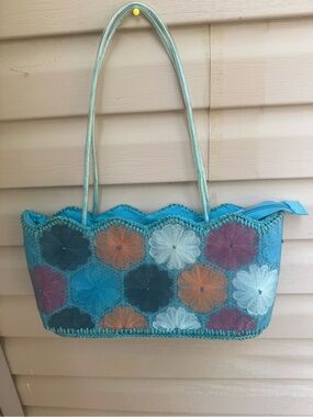 Turquoise Floral Appliqué Shoulder Bag for Women